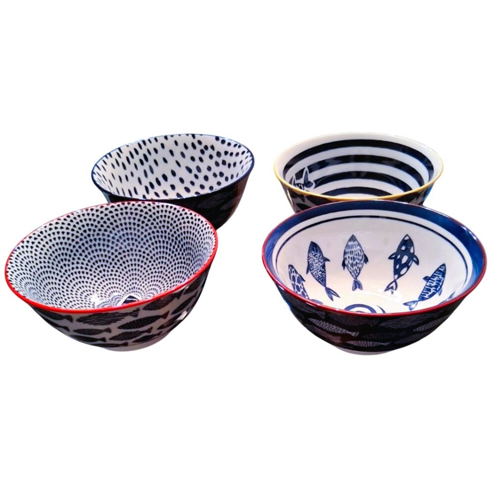 4 Global Design Connections Blue & White Ceramic Fish Design Bowls
